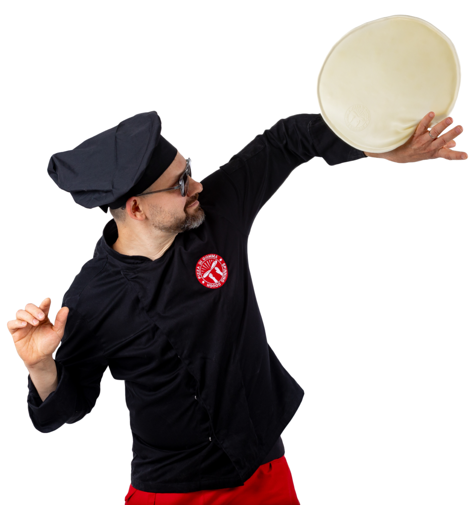 Chef de pizza con pizza de goma - pizza acrobática